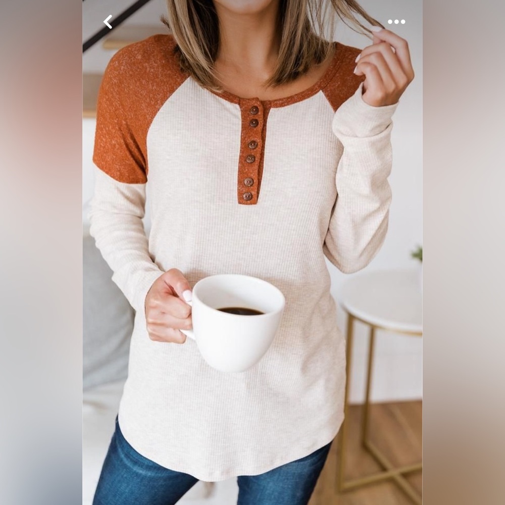 Since That Night Rust/Oatmeal Colorblock Henley Blouse